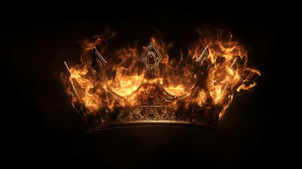 Fototapeta premium A Flaming Medieval Crown Set Against a Dark Background: The Golden Crown Ablaze with Smoke and Embers, Representing the Rise and Fall of Empires, Kings, Queens, Princes, Princesses, and Papal Authorit