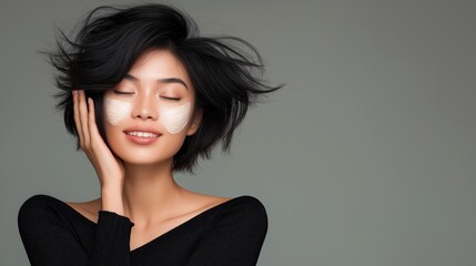 Obraz premium Woman with white cream patches and black sweater. Skincare beauty advertising