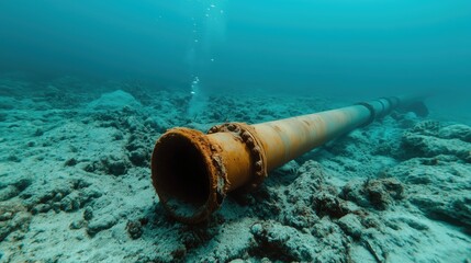 Rusty pipeline on ocean floor with air bubbles. Underwater infrastructure damage