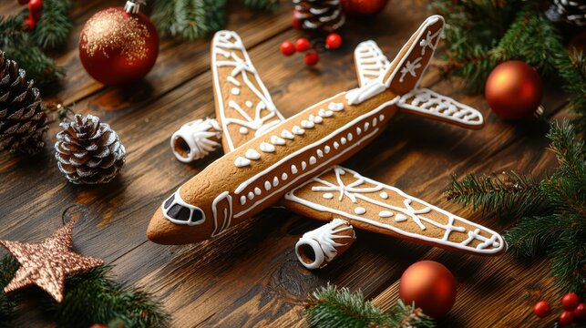 A festive gingerbread airplane surrounded by Christmas decorations on a wooden table