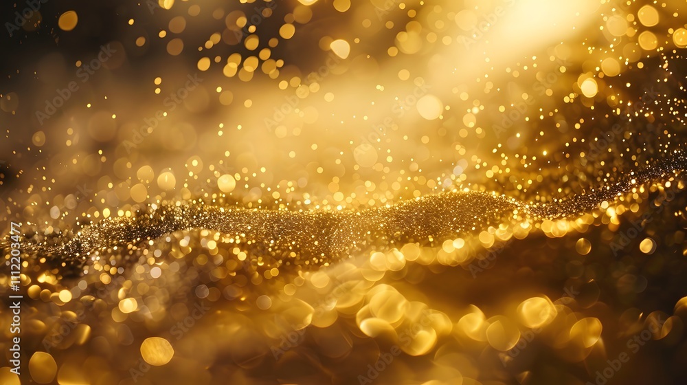 Poster a shimmering golden abstract background with sparkling particles and light effects.