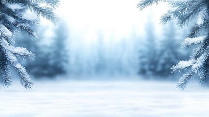 Snow covered pine branches framing white background with copy space. Winter holiday frame