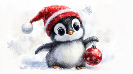 Cute baby penguin wearing a red hat and holding a Christmas ornament