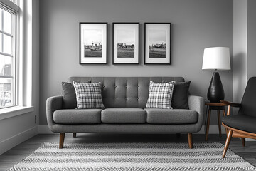 Modern Grey Living Room Decor With Cityscape Artwork