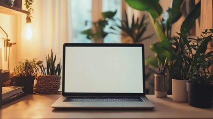 Fototapeta premium A laptop computer with a blank screen sits on a desk with plants in the background.