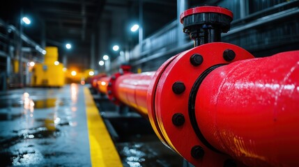 Red pipeline with flanges in industrial facility against yellow walls. Infrastructure maintenance