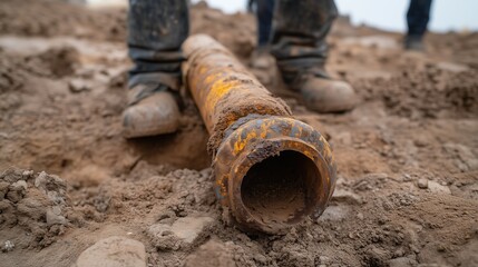 Obraz premium Worker boots near rusty pipe in construction site. Infrastructure maintenance work