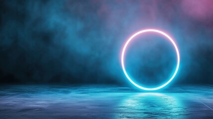 Neon circle with reflection against foggy background. Futuristic design concept