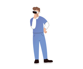 Medical Professional Using VR Headset for Training or Analysis. Vector flat illustration of serious thinking male doctor.