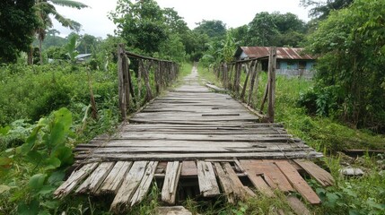 Old wooden bridge in the rainforest.
