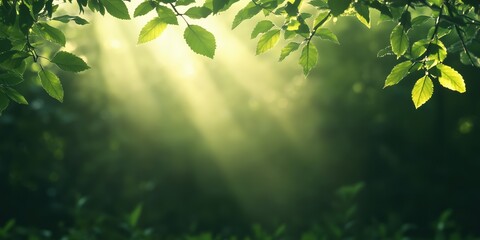 Obraz premium Green leaves in sunlight against blurred forest with copy space. Nature wellness backdrop