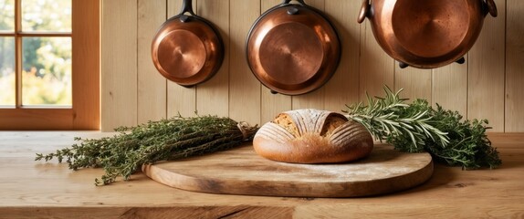 Rustic oak kitchen counter with artisanal sourdough and fresh herbs