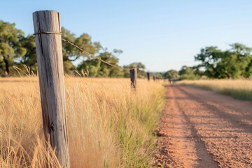 Wooden fence posts along dirt road with dry grass. Rural landscape background