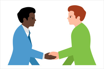 Agreement between men. Black and white men. Handshake.Vector simple color flat illustration.