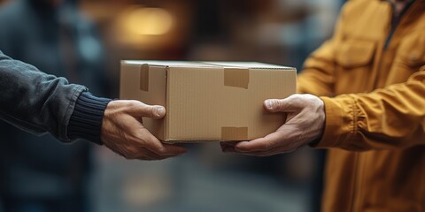 Hands exchanging cardboard package with yellow jacket. Delivery service handover