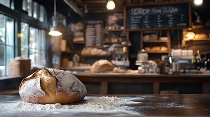 A rustic bakery scene with a loaf of bread, a chalkboard menu in the background, and a scattering of flour on the counter