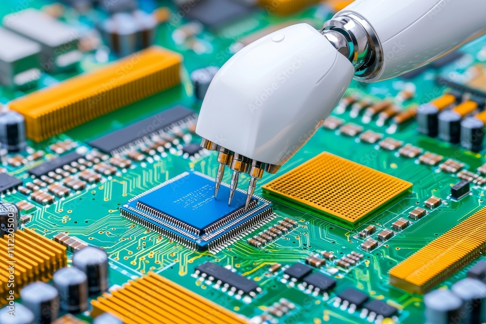 Poster an up-close shot of a robotic arm functioning in an electronics factory. this image symbolizes the m