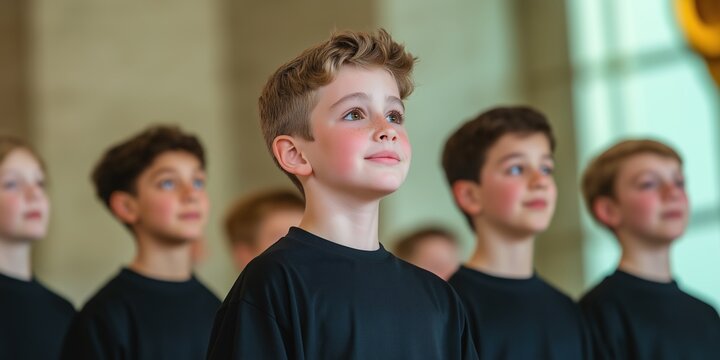 Boys choir in black shirts against window light. Youth music performance