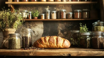 A rustic kitchen counter with a freshly baked bread loaf, surrounded by jars of spices and dried herbs