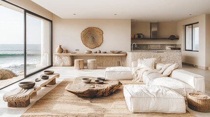 Modern Coastal Living Room with Ocean View and Natural Decor Elements