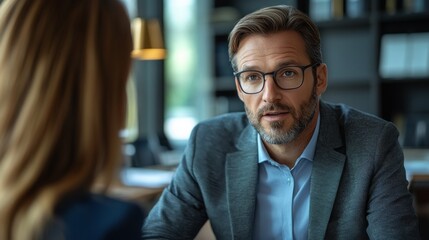 Naklejka premium Man in Glasses Speaks to Woman During Business Meeting