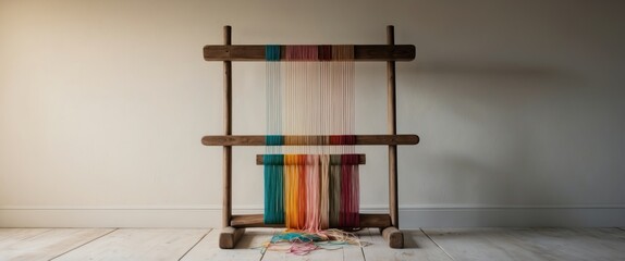 Obraz premium A rustic wooden loom with vibrant threads illuminated by soft light