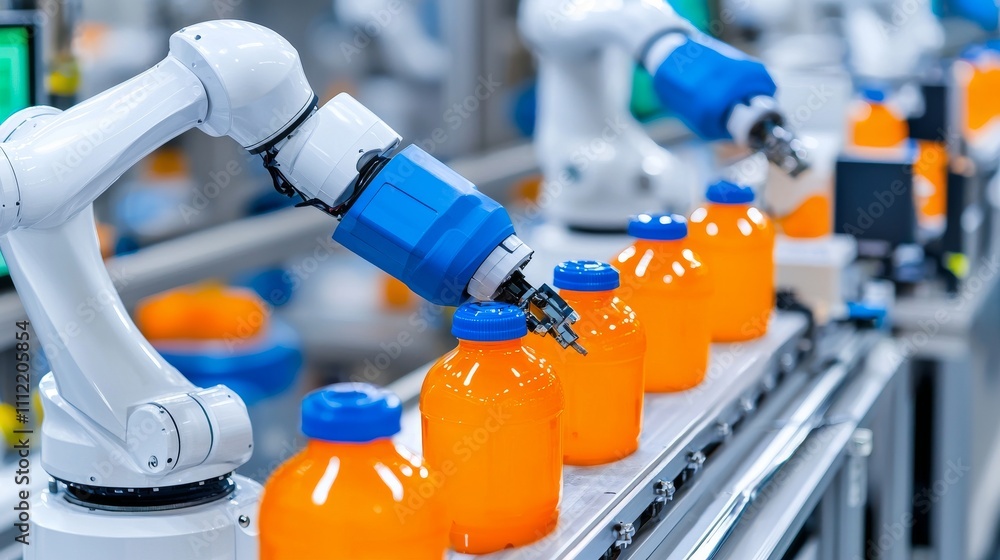 Poster modern factory utilizing automated robotic arms to assemble products.