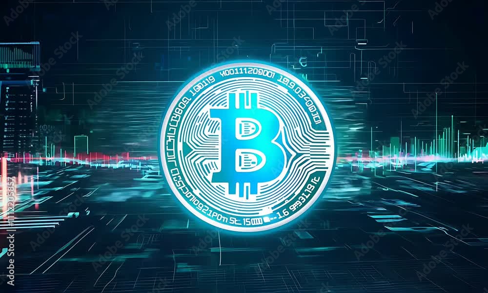 Poster abstract tech background with bitcoin symbol