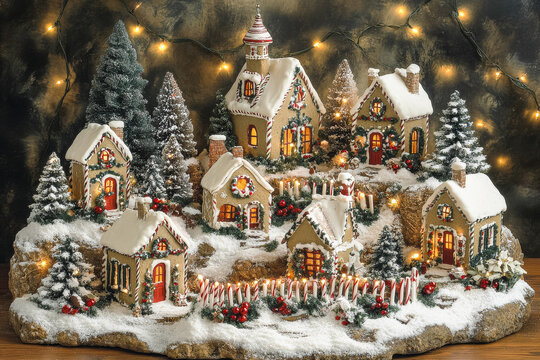 Enchanting gingerbread village scene with festive christmas decorations and snow-covered houses - Powered by Adobe