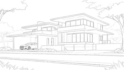 Obraz premium Minimalist Line Drawing of a Modern House with Car and Garden