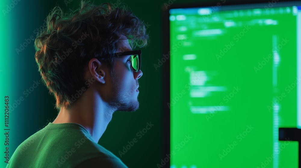 Poster young man in glasses working on coding project in front of green-lit monitor at night