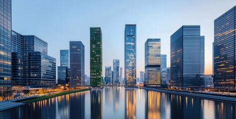 Fototapeta premium Modern skyline with skyscrapers reflecting on water at dusk, tranquil urban scene.