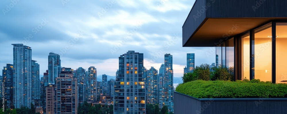 Poster modern architecture with urban skyline view at twilight, featuring greenery on balcony.