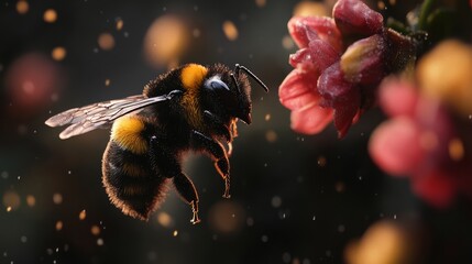 Naklejka premium Bumblebee hovering near flower nature close-up high-resolution photography detail macro view beauty