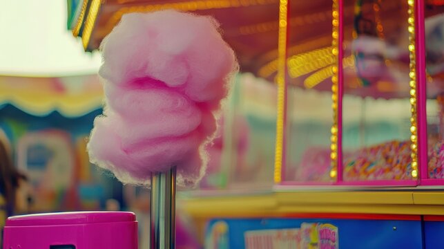 A colorful cotton candy machine spinning fluffy pink cotton candy at a carnival booth, carnival, sweets, sugar, candy