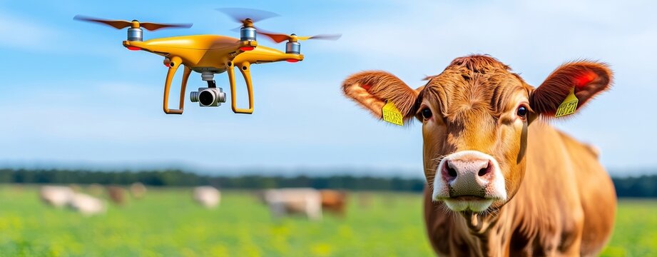 As drones hover above, a cow remains in a field, highlighting the use of modern farming techniques.