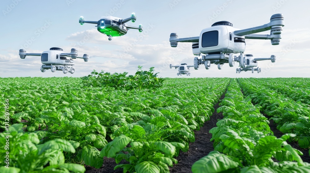 Poster advanced agriculture: genetically engineered fields monitored by drones and stock.