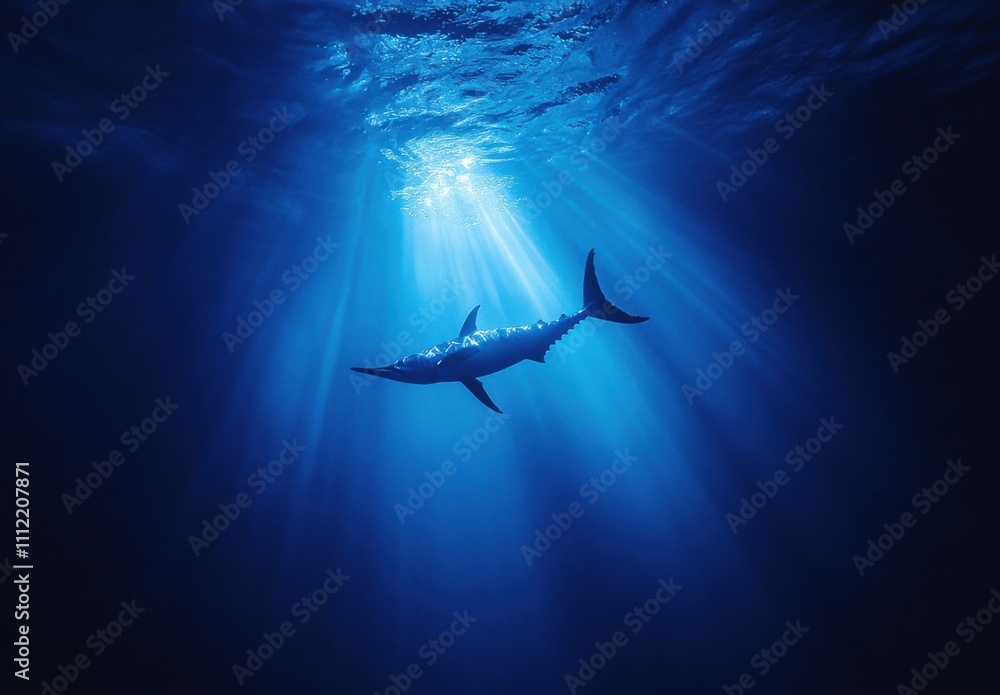 Poster Underwater View of a Majestic Shark Gliding Through Deep Blue Waters with Sunlight Breaking Through the Surface Creating a Serene Atmosphere