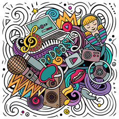 Audio content cartoon doodles illustration. Funny design.
