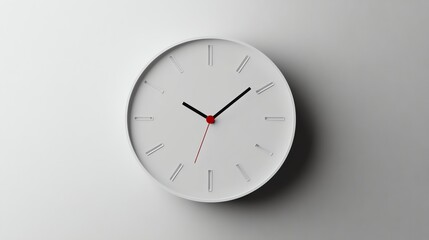 A white clock with black hands on a white wall.