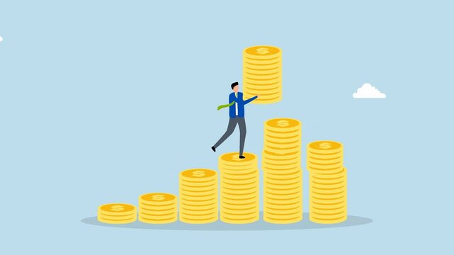 Investment growth compound interest, 4k animation of businessman increase money stack.