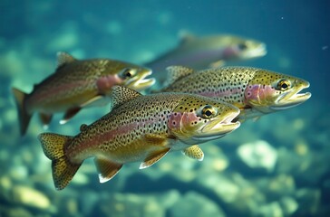 Naklejka premium Underwater View of Colorful Rainbow Trout Swimming Gracefully Through Clear Blue Waters in a Freshwater Habitat, Capturing Nature's Beauty and Serenity