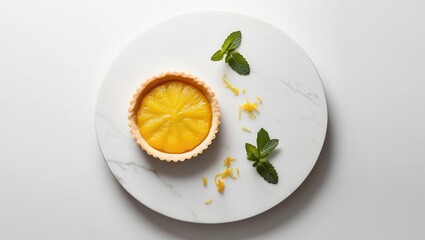 Citrus tart on a marble plate garnished with mint leaves and zest.