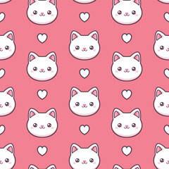 White kawaii cats and hearts on pink background. Vector seamless pattern. 