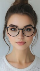 Fototapeta premium Close-up, a Young Woman With Glasses and a Soft Smile. Beauty Portrait With Natural Makeup.