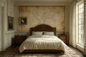 Elegant Master Bedroom Featuring Antique World Map Decor
