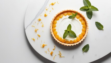 A delicious citrus tart garnished with fresh mint leaves on a marble surface.