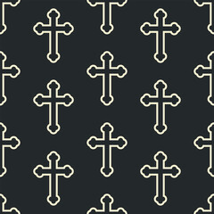 White christian outline crosses on black background. Vector seamless pattern.