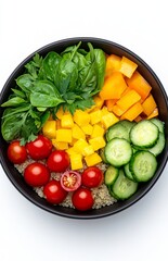 A quinoa tabbouleh salad with vibrant red cherry tomatoes, orange paprika, avocado, cucumbers, and parsley. This traditional Middle Eastern and Arabic dish is displayed on a white table, viewed from