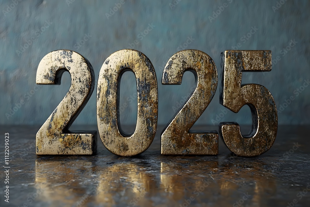 Poster golden numerals of 2025 on a textured surface highlighting a new year. generative ai.